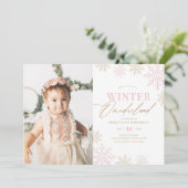 Winter Onederland Roze Glitter 1e Verjaardag Foto Kaart (Staand voorkant)