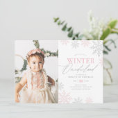 Winter Onederland Roze Glitter 1e Verjaardag Foto Kaart (Staand voorkant)