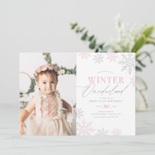 Winter Onederland Roze Glitter 1e Verjaardag Foto Kaart (Staand voorkant)