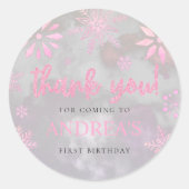 Winter ONEderland Roze Glitter Sneeuwvlok 1e Dag Ronde Sticker (Voorkant)