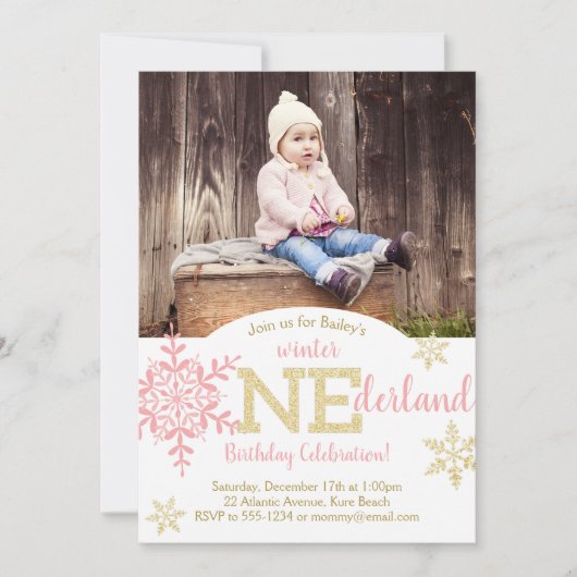 Winter ONEderland Roze & Gold Glitter 1ste verjaar Kaart (Voorkant)