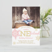 Winter ONEderland Roze & Gold Glitter 1ste verjaar Kaart (Staand voorkant)