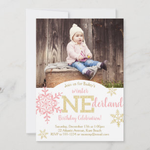 Winter ONEderland Roze & Gold Glitter 1ste verjaar Kaart