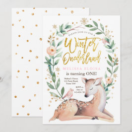 Winter ONEderland Roze Goud Meisje Herten Verjaard Kaart