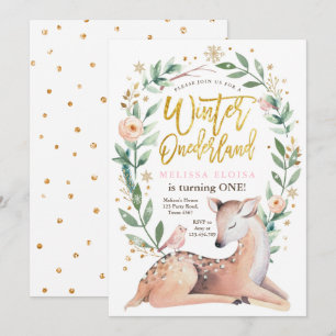 Winter ONEderland Roze Goud Meisje Herten Verjaard Kaart