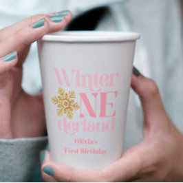 Winter Onederland Roze Goud Sneeuwvlok 1e Verjaard Papieren Bekers
