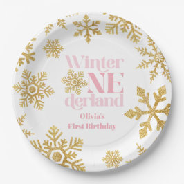 Winter Onederland Roze Goud Sneeuwvlok 1e Verjaard Papieren Bordje