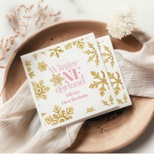 Winter Onederland Roze Goud Sneeuwvlok 1e Verjaard Servet