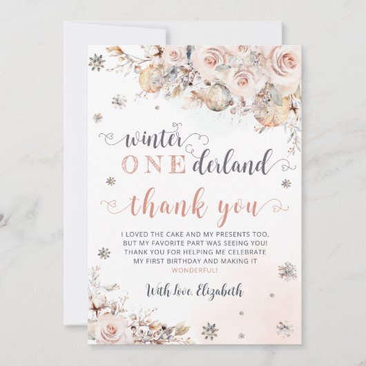 Winter Onederland Roze Goud Verjaardag Bedankkaart (Voorkant)