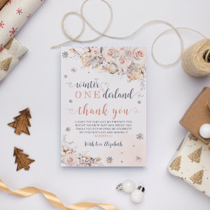 Winter Onederland Roze Goud Verjaardag Bedankkaart