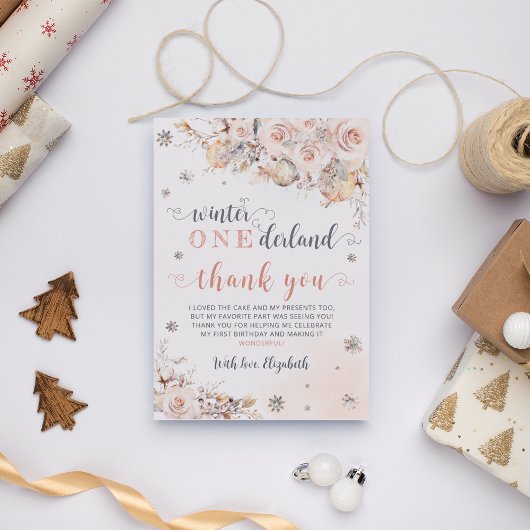 Winter Onederland Roze Goud Verjaardag Bedankkaart