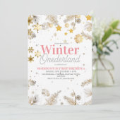 Winter Onederland Roze Goud Verjaardagsfeest 1e Kaart (Staand voorkant)