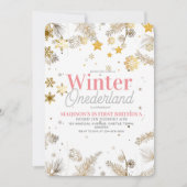 Winter Onederland Roze Goud Verjaardagsfeest 1e Kaart (Voorkant)