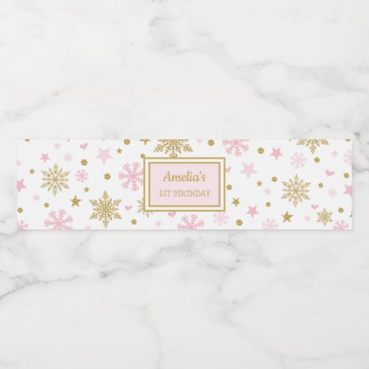Winter Onederland Roze Goud Verjaardagsfeestgunste Waterfles Etiket