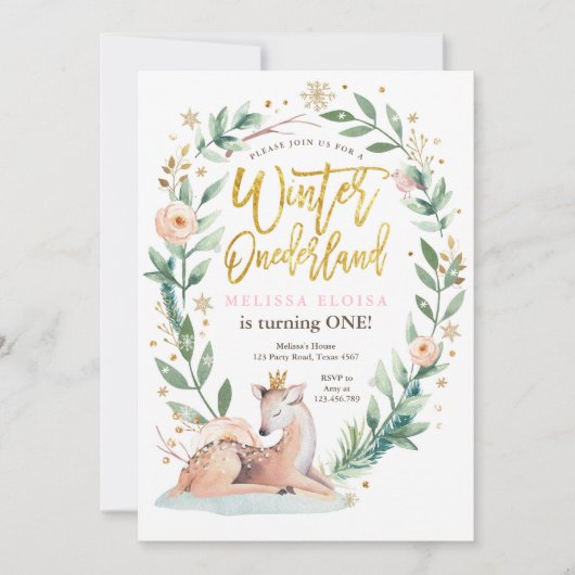 Winter ONEderland Roze Goud Woodland Herten Verjaa Kaart (Voorkant)