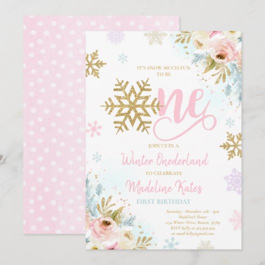 Winter ONEderland Roze & Gouden Bloemen 1e Verjaar Kaart (Voorkant / Achterkant)