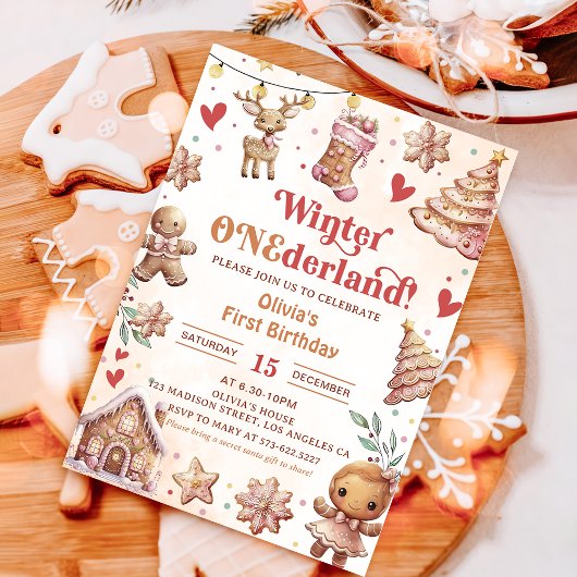 Winter Onederland Roze Kerst Cookie Uitnodiging