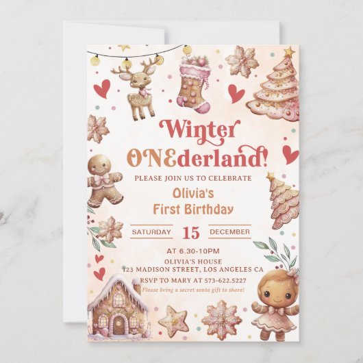 Winter Onederland Roze Kerst Cookie Uitnodiging (Voorkant)