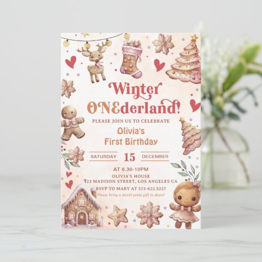 Winter Onederland Roze Kerst Cookie Uitnodiging (Staand voorkant)
