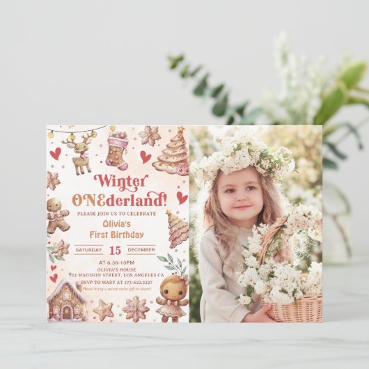 Winter Onederland Roze Kerstkoekje Foto Kaart (Staand voorkant)