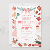 Winter Onederland Roze Kerstmeisje 1e verjaardag Kaart (Voorkant)
