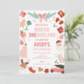 Winter Onederland Roze Kerstmeisje 1e verjaardag Kaart (Staand voorkant)