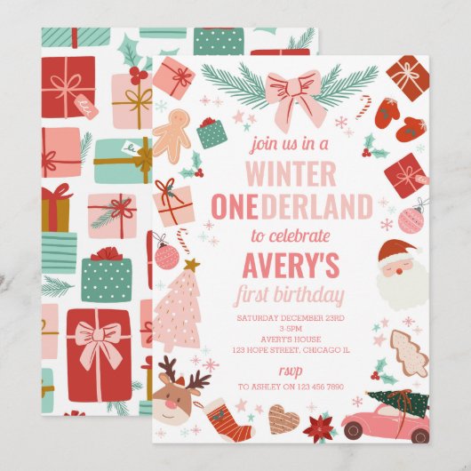 Winter Onederland Roze Kerstmeisje 1e verjaardag Kaart (Voorkant / Achterkant)