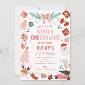 Winter Onederland Roze Kerstmeisje 1e verjaardag Kaart