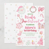Winter ONEderland Roze Kerstverjaardag Uitnodiging (Voorkant / Achterkant)