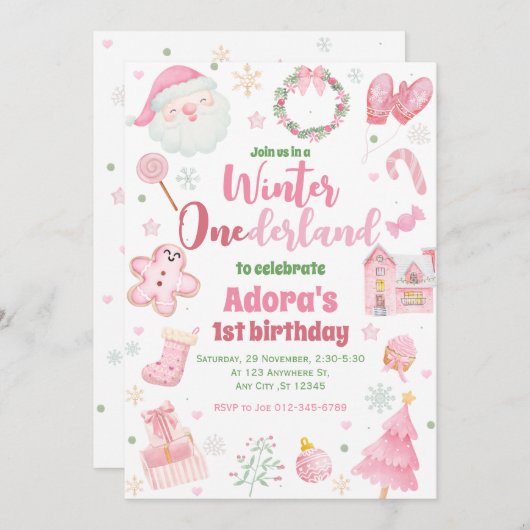Winter ONEderland Roze Kerstverjaardag Uitnodiging (Voorkant / Achterkant)