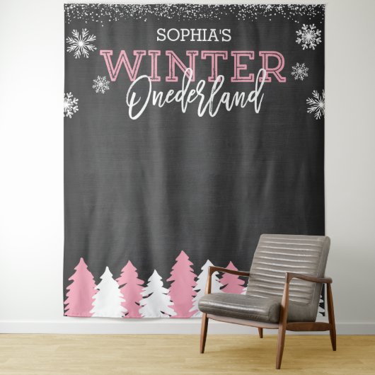 Winter Onederland Roze Krijtbord Achtergrond Wandkleed (In situ)