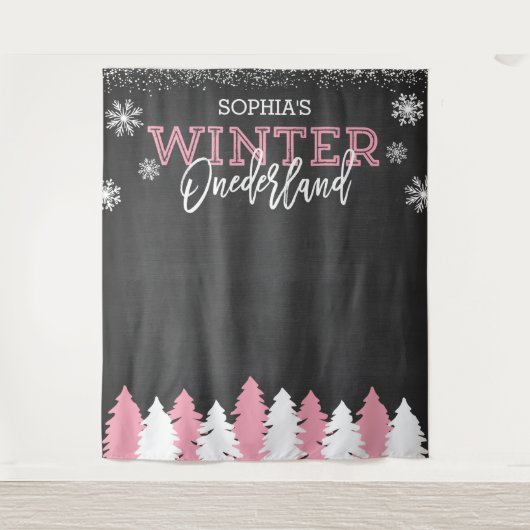 Winter Onederland Roze Krijtbord Achtergrond Wandkleed (Voorkant)