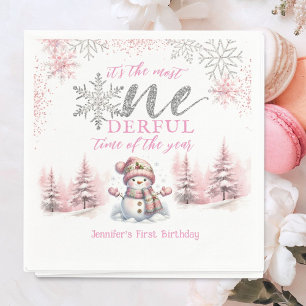 Winter ONEderland Roze Meisje Kerst 1e Verjaardag Servet