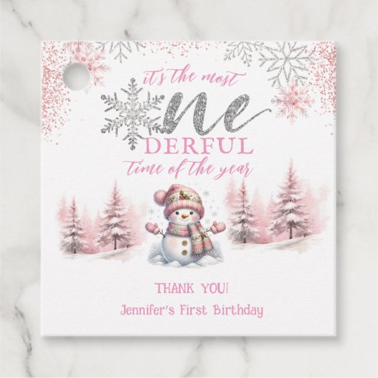 Winter ONEderland Roze Meisje Kerstmis 1e verjaard Bedankjes Labels (Voorkant)