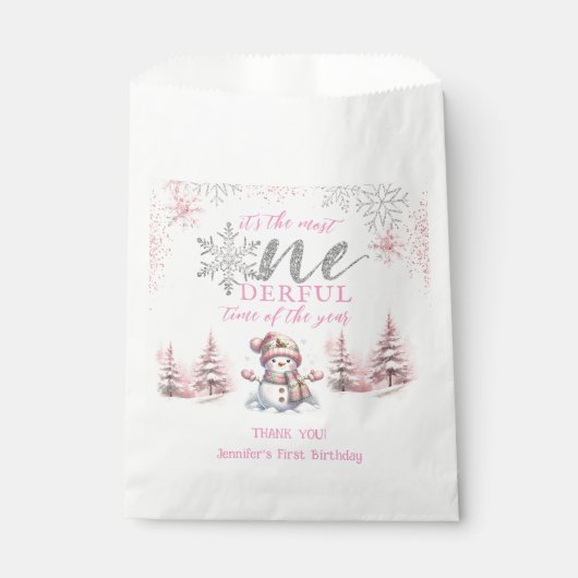 Winter ONEderland Roze Meisje Kerstmis 1e verjaard Bedankzakje (Voorkant)