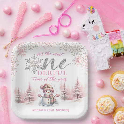 Winter ONEderland Roze Meisje Kerstmis 1e verjaard Papieren Bordje (Feest)