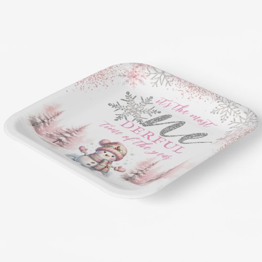 Winter ONEderland Roze Meisje Kerstmis 1e verjaard Papieren Bordje (Gebogen)