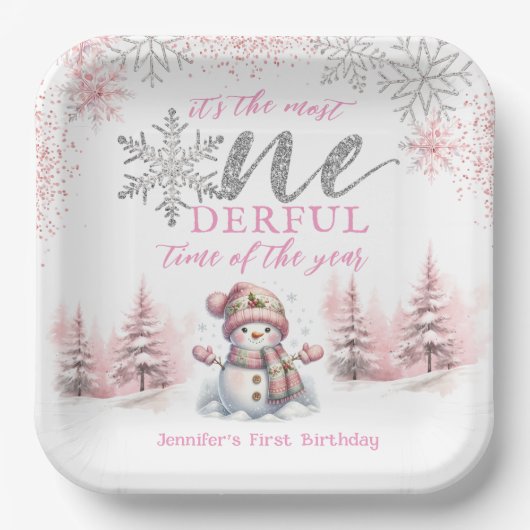 Winter ONEderland Roze Meisje Kerstmis 1e verjaard Papieren Bordje (Voorkant)