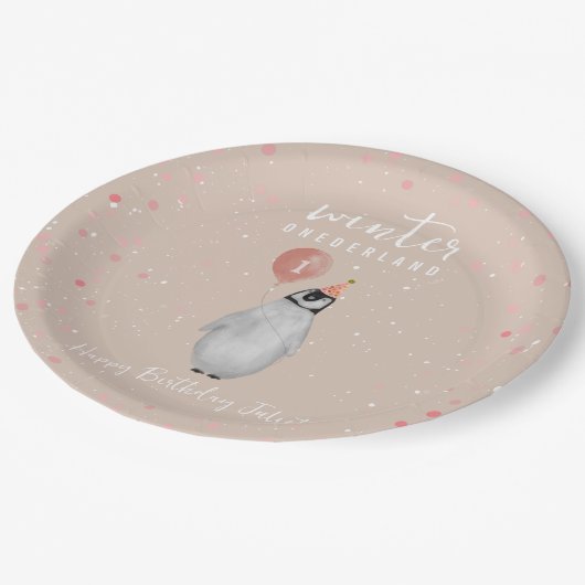 Winter Onederland Roze Pinguïn Ballon Verjaardag Papieren Bordje (Gekanteld)