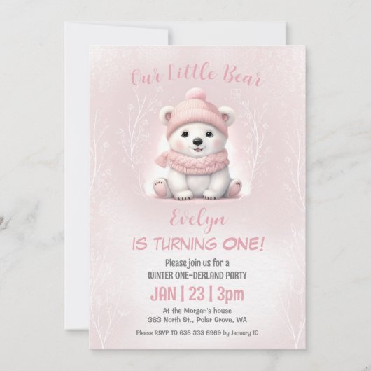 Winter Onederland Roze Polar Beer 1e Verjaardag Kaart (Voorkant)