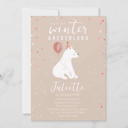 Winter Onederland Roze Polar Beer 1e Verjaardag Kaart (Voorkant)