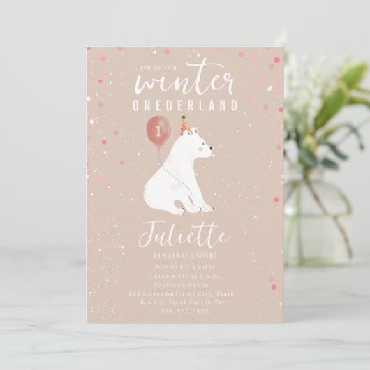 Winter Onederland Roze Polar Beer 1e Verjaardag Kaart (Staand voorkant)