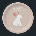 Winter Onederland Roze Polar Beer 1e Verjaardag Papieren Bordje<br><div class="desc">Winter Onederland eerste verjaardagsfeest thema met polair beer met roze ballon in roze party pet over lichtroze achtergrond met sneeuwvlek en confetti.</div>