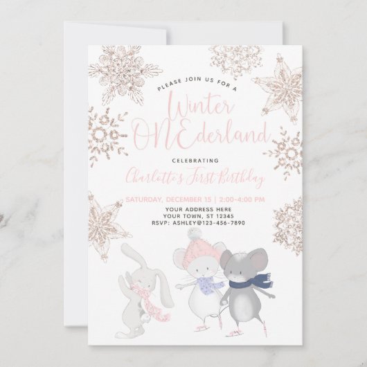 Winter ONEderland Roze Script 1e Verjaardag Kaart (Voorkant)