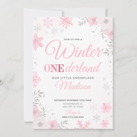 Winter ONEderland Roze Sneeuwvlok 1e Uitnodiging (Voorkant)