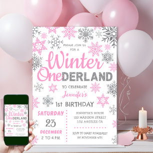 Winter ONederland Roze Sneeuwvlok 1e Verjaardag Kaart