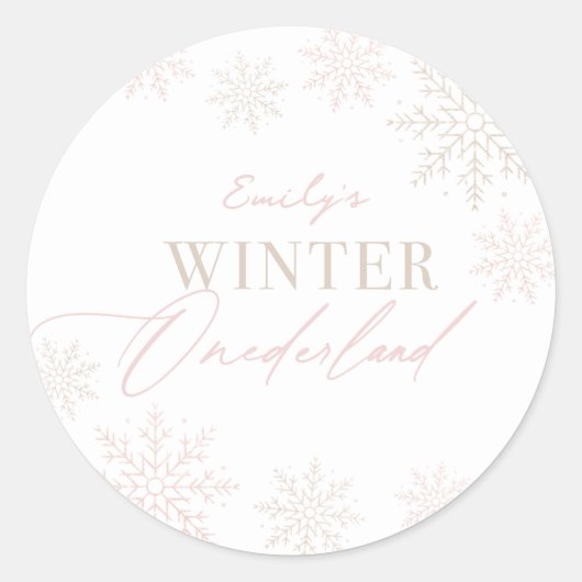 Winter Onederland Roze Sneeuwvlok 1e verjaardag Ronde Sticker (Voorkant)