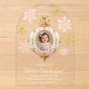 Winter Onederland Roze Sneeuwvlok Acryl Uitnodigingen