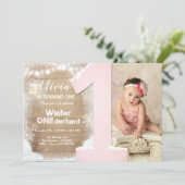 Winter Onederland Roze Sneeuwvlok Meisje 1e verjaa Kaart (Staand voorkant)