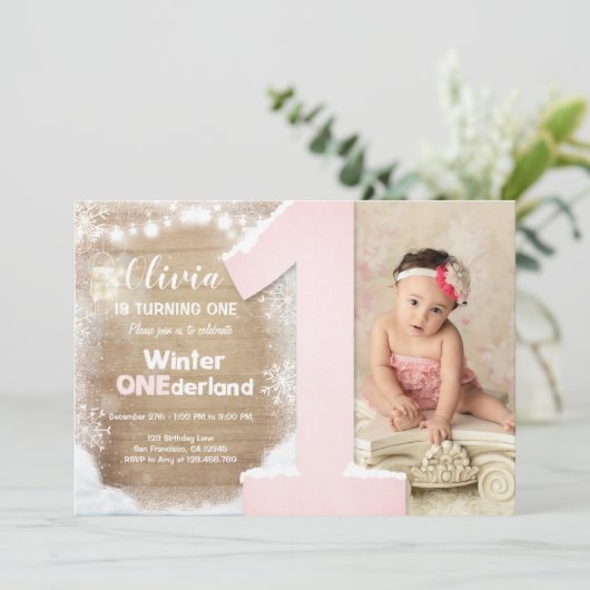 Winter Onederland Roze Sneeuwvlok Meisje 1e verjaa Kaart (Staand voorkant)